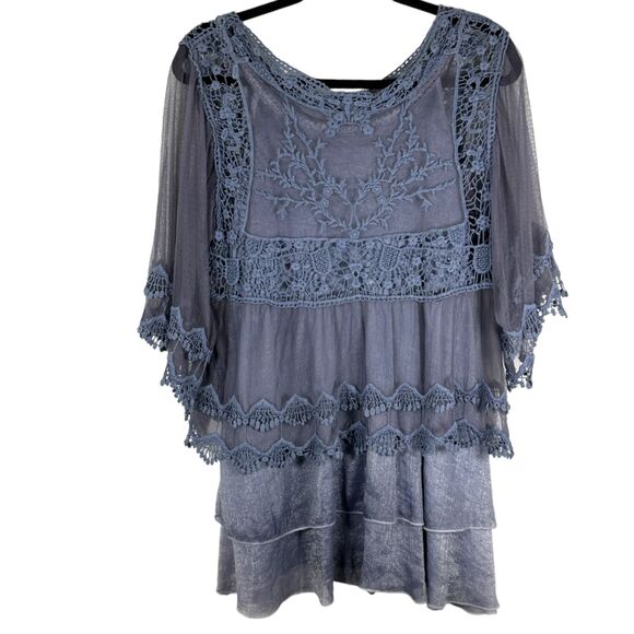 Flowy Lagenlook Tiered Lace Mesh Semi Sheer Layered Blue Blouse Size Medium - Picture 5 of 8